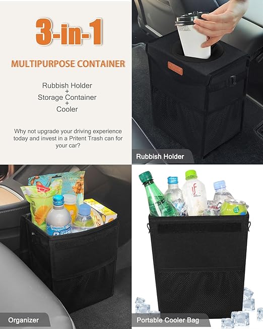Pritent Car Trash Can with Lid Leakproof Car Garbage Bag Vehicle Trash Bin | Hanging Automotive Garbage Can,Multipurpose Car Accessories for Women Men Interior Car Storage Organizer(2.8 Gal,Black) - Image 5