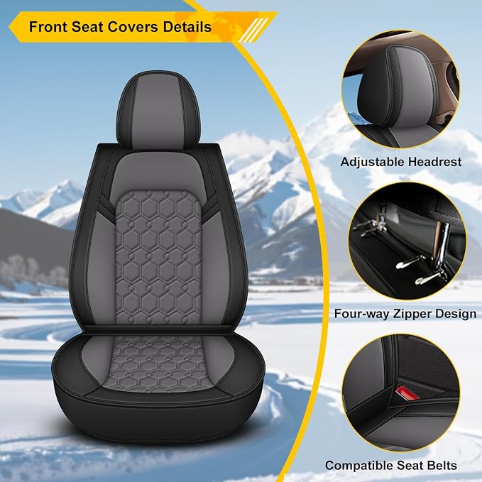 Front Seat Covers for Infiniti Q70 2014-2019 Faux Leather | Waterproof Breathable Scratch Resistant 360° Wrap Airbag Compatible Easy Clean (2 Seats,Black & Grey ) - Image 4