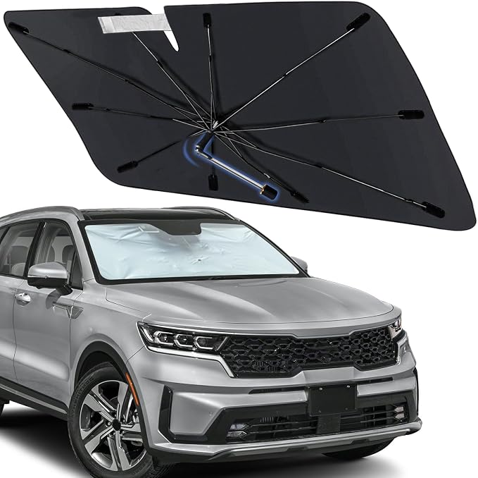 Windshield Sun Shade Umbrella for Kia Sorento 2011-2024 Front Windows | Foldable Car Sunshade with 360° Rotating Shaft, Custom fit Sorento Sun Visor Shield for UV Blocking and Heat Insulation by Visufy