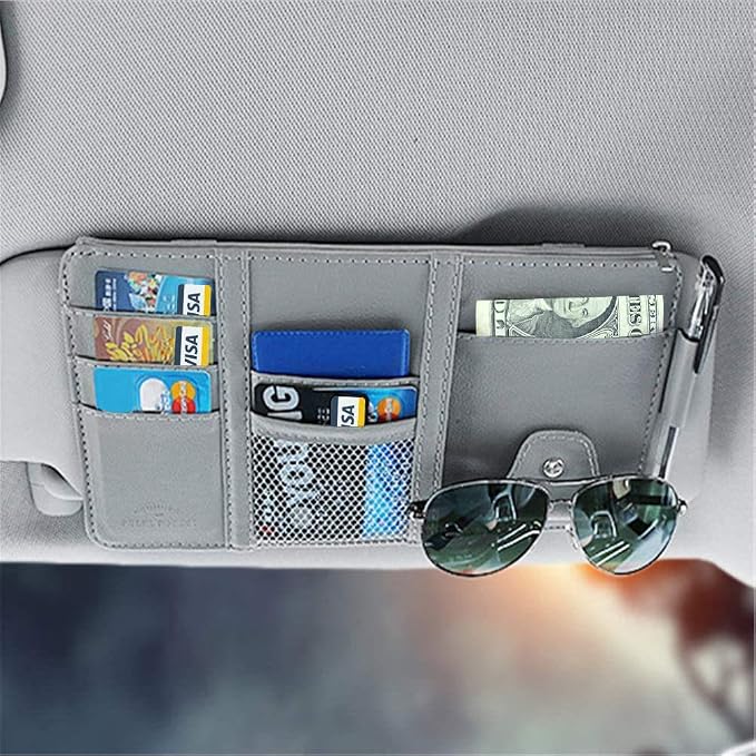Gray Car Sun Visor Organizer, Multi-Purpose Auto Document Storage Accessory | Visor accessories multi-slot design stores docs, cards & sunglasses, slim fits all vehicles without obstructing sight - Image 4