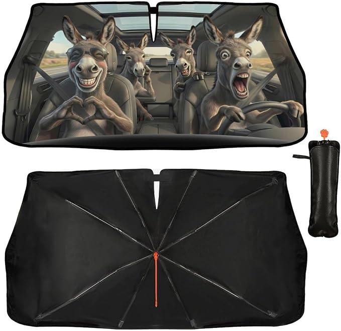 Socira Funny Donkey Car Windshield Sun Shade Umbrella Automotive Windshield Sunshade Foldable Front Car Accessories Interior Decor to Keep Vehicle Cool for Most Vehicles 57'' X 30'' by Socira