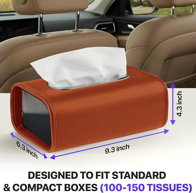 Lucrum Extra Large Car Tissue Holder - PU Leather Tissue Box Cover | Fits Regular Size Napkins Box - PU Leather Car Tissue Holder for Seat Back, Sun Visor & Console - Chestnut Brown - Image 3
