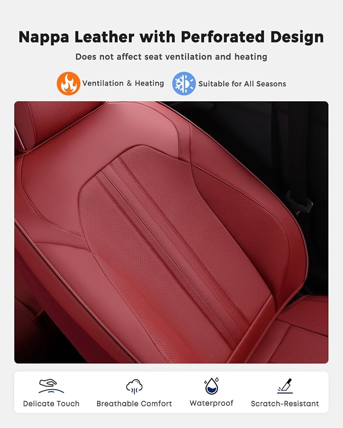 Huidasource Rear Car Seat Cover, Luxury Faux Leather Back Seat Cover, Velcro Adjustable, Compatible with Child Seat, Perforation Cooling＆Heating, Universal Fit for Most Cars, Vans, Trucks, SUVs, Red - Image 4