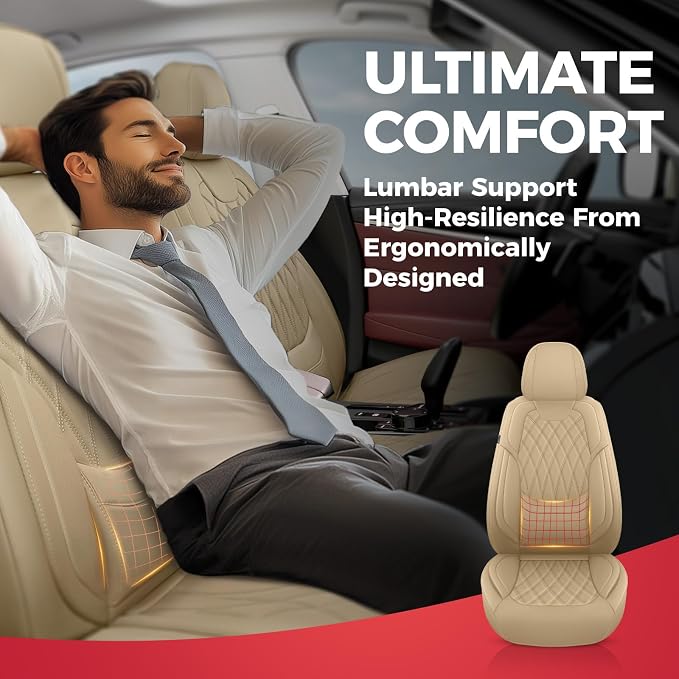 FREESOO Car Seat Covers Full Set Faux Leather Universal Fit Beige | faux nappa leather seat covers, waterproof breathable, full set lumbar support, front rear covers, fit sedans suvs pickups - Image 6