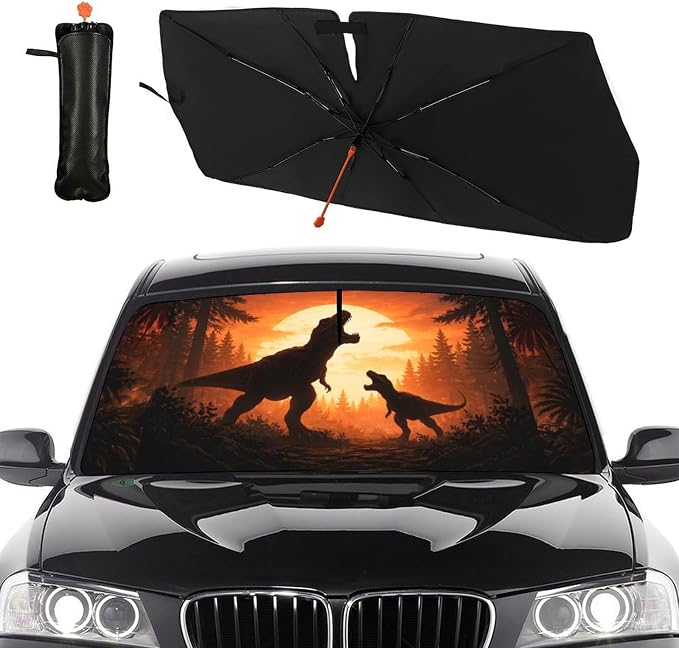 Dinosaur Sunset Car Windshield Sunshade Umbrella Sunset Print Sun Shade for Car Windshield Umbrella Upgraded Sunshades Blocks UV & Heat Front Window Shades for SUV Sedan Auto - Image 2