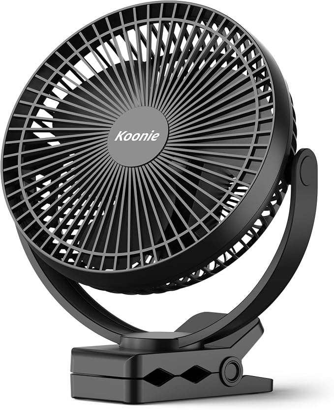 Koonie 8" Clip on Fan, 10000mAh Rechargeable Battery, Strong Airflow | 4 Speeds, Sturdy Clamp, Ideal Portable USB Desk Fan for Office, Golf Cart, Camping, Travel, Tent, Outdoor, Treadmill & Gym by Koonie