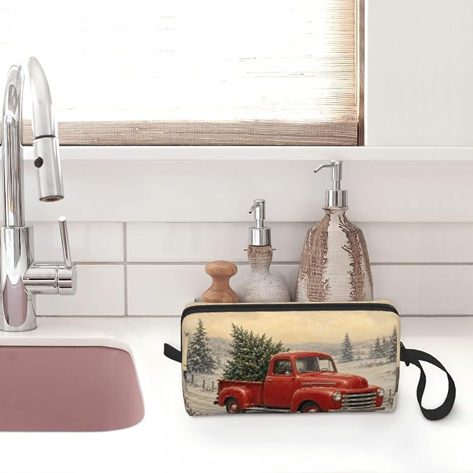 Vintage Red Truck in Snow Makeup Bag for Women, Cosmetic Pouch | Double-Sided Vintage Red Truck Cosmetic Organizer with Foam Padding for Women, Travel, Gym, School, and Daily Storage - Image 7