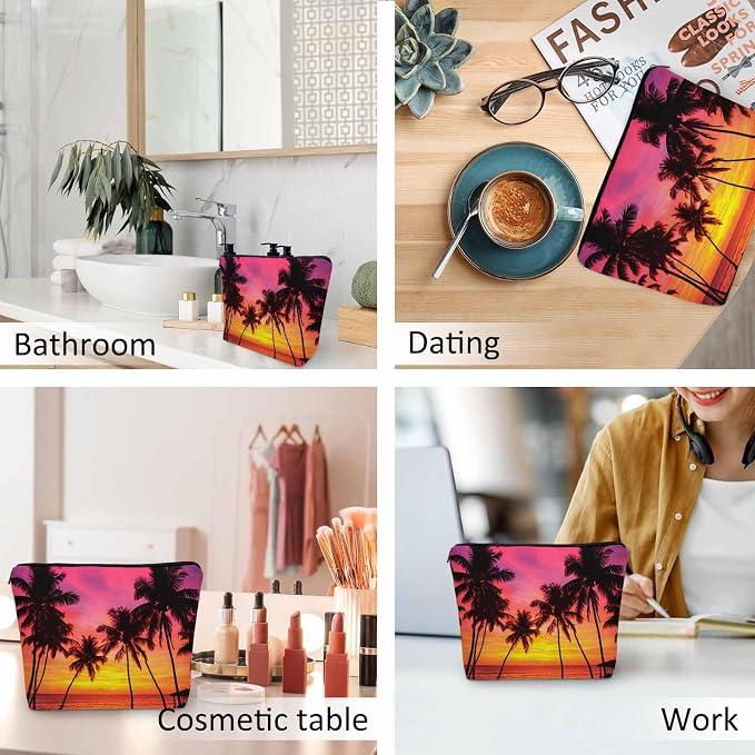 Tropical Beach Makeup Bags Makeup Organizer, Hawaii Ocean Beach Palm Trees Sunset Flax Toiletry Bags Travel Cosmetic Bag Makeup Purse Pouch Skincare Bag Wallet Bags For Women Female Mom - Image 6