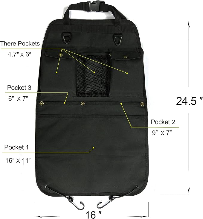 Black Car Seat Back Organizer with Multiple Pockets and Hooks - Image 4