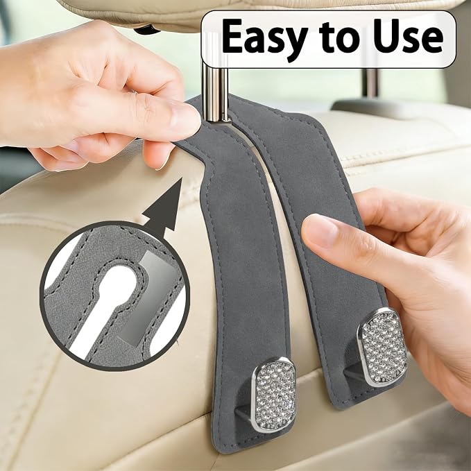 Car Hooks for Headrest: 2Pc Car Seat Back Storage Headrest Hook - Premium Leather Double Metal Hook - Purse Hook For Car Headrest - Car Headrest Hooks for Purses, Handbags, Bags - Grey Diamond - Image 5