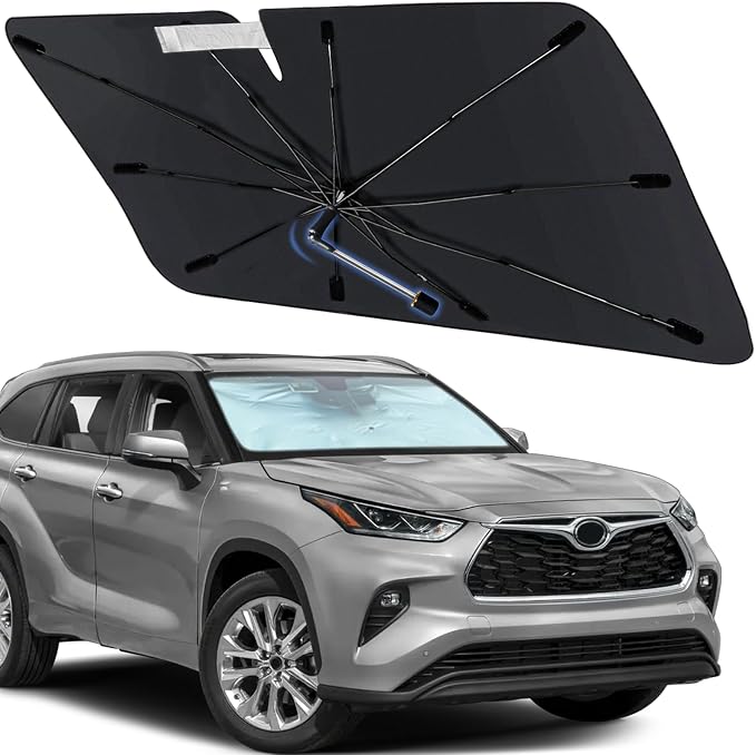Windshield Sun Shade Umbrella for Toyota Highlander 2020-2025 Front Window | Foldable Sunshade with 360° Rotating Shaft, Custom Fit Car Shades for Highlander Accessories with UV & Heat Protection by Visufy