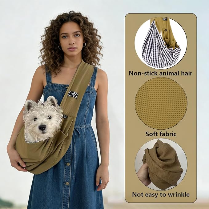 Dog Sling Carrier Soft Breathable for Small Dogs Cats 3-12 lb Khaki | Cat sling & dog carrier sling with safety tether, organizer pocket, soft fabric. Perfect for travel, hiking,outdoor - Image 5