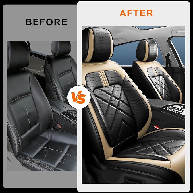 Optima Car Seat Covers Fit for Kia Optima 2002-2020, Premium Full Coverage Leather Automotive Seat Protectors, All Seasons Waterproof Breathable, Airbag Compatible, Front Seats, Black Beige - Image 4