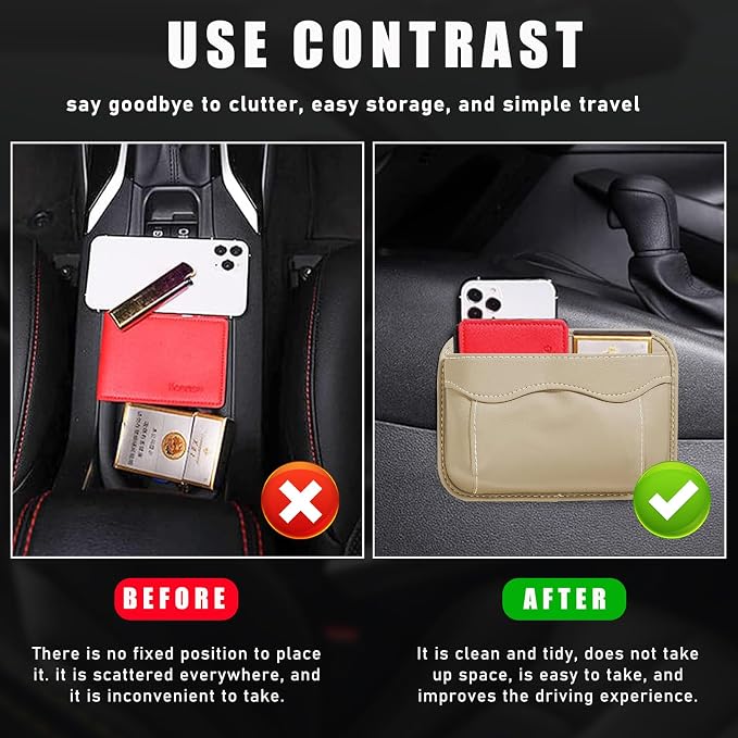 povtii Car Seat Side Pocket Organizer, PU Leather Cell Phone Sunglasses Storage Pocket, Mini Seat Gap Filler Pouch for Auto Seat Door Window Console, Interior Car Accessories (Beige) - Image 5