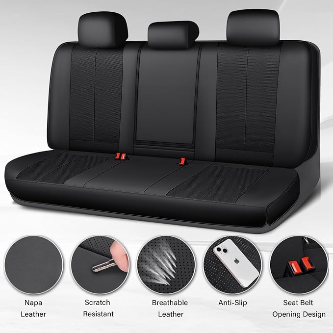 CAR PASS Back Car Seat Covers, Water Resistant Nappa Leather Rear Bench Seat Cover Universal Fit for Cars, SUVs, Vans, Trucks, Automotive Backseat (Rear, Black) - Image 3