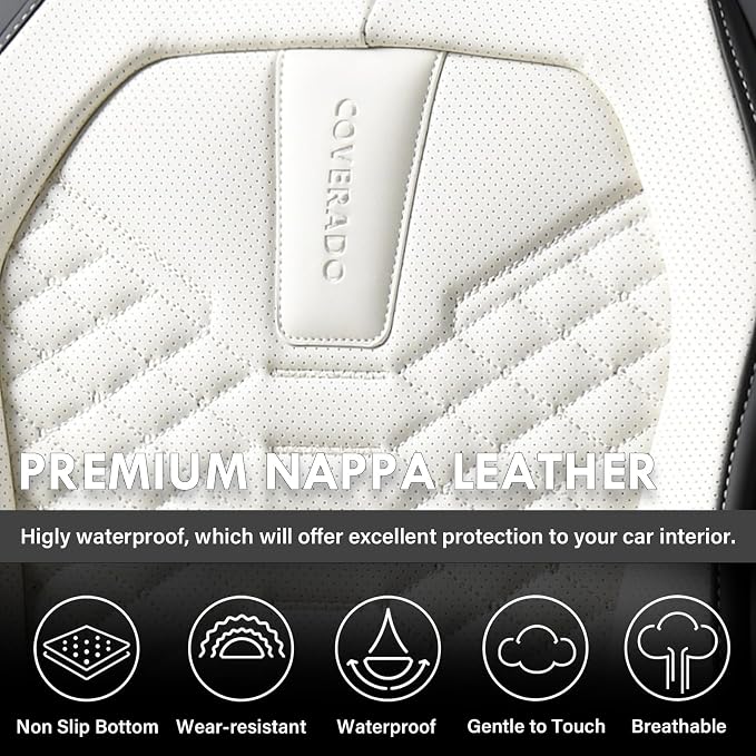 Coverado Car Seat Covers, Front Seat Cover, Waterproof Nappa Leather Seat Covers for Cars, 2 Pack Driver Car Seat Protectors, Automotive Seat Covers Universal Fit for Most Cars, Black&White - Image 6