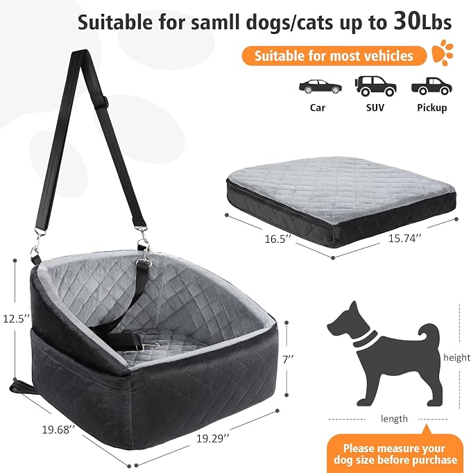NEEZUKAR Dog Car Seat for Small Dogs,Detachable Washable Dog Booster Seat Under 30lbs, Pet Car Seat Travel Bed with Storage Pockets and Dog Safety Belt (Black/Grey) - Image 2