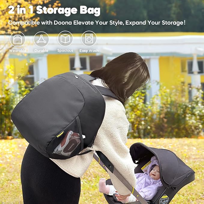 mamatepe Snap-on Storage Bag Compatible with Doona Infant Car Seat, Organizer Bag,Wearable Backpack for Baby Travel, Stroller Bag for Doona Car Seat & Stroller (Black) - Image 7