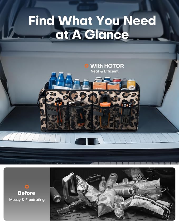 HOTOR Trunk Organizer - Foldable Car Organizer for SUVs & Sedans Storage | Sturdy Car Organization for Men & Women, Car Accessories, Tools, Sundries, Leopard, 2 Compartments, 21.3" x 12.6" x 10.6" - Image 6