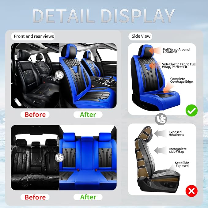 Fit Sienna Premium Leather Car Seat Covers for Toyota Sienna 2007-2025 2026 - Waterproof，Breathable，All-Weather Seat Cushion Protecto & Airbag Compatible, 2 Front Seat Blue&Black - Image 5