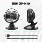 Portable Clip Fan Battery Operated,3 Speeds USB Rechargeable Mini Table Fan with Strong Airflow,360°Rotation Ultra Quiet Personal Desk Fan for Home Office Bedroom Dorm Stroller Camping(Black) - Image 7