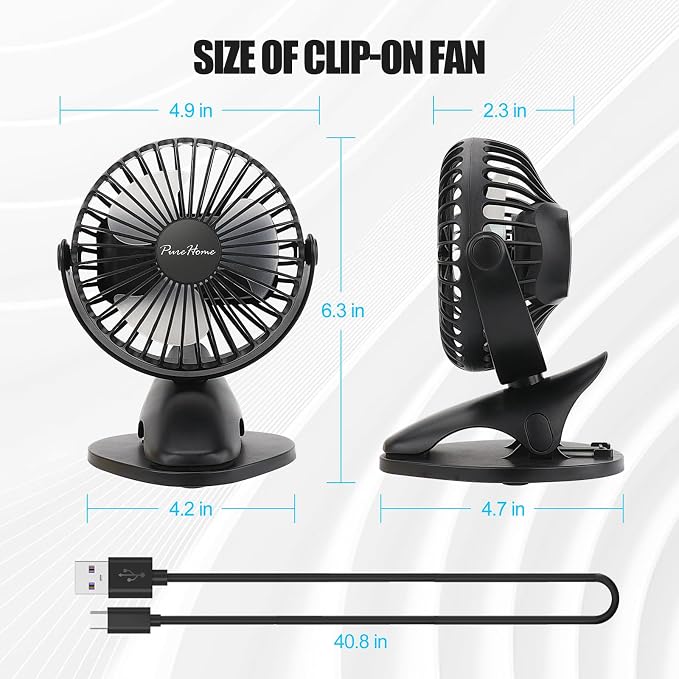 Portable Clip Fan Battery Operated,3 Speeds USB Rechargeable Mini Table Fan with Strong Airflow,360°Rotation Ultra Quiet Personal Desk Fan for Home Office Bedroom Dorm Stroller Camping(Black) - Image 7