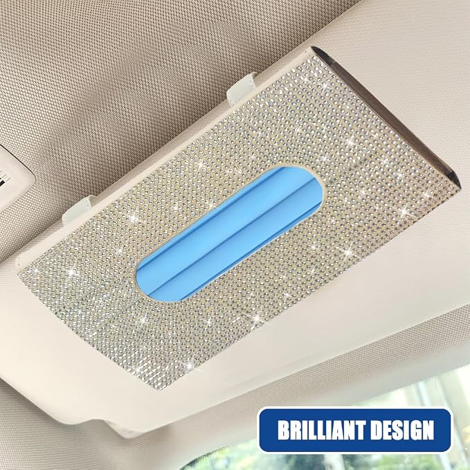 Bling Car Sun Visor Tissue Box Holder, Visor Accessories, Rhinestone PU Leather Crystal Sparkling Napkin Holder, Auto Sun Visor Paper Towel Cover Case Accessories for Most Cars (Beige+White) - Image 5