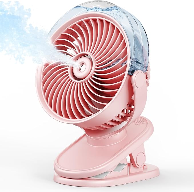 SWEETFULL Portable Misting Clip On Fan, USB-C Rechargeable Mini Personal Cooling Fan with 4 Speeds, 360° Rotatable, Quiet Cooling for Outdoor, Camping, Golf Cart, Travel, Stroller & Desk (Pink) by SWEETFULL