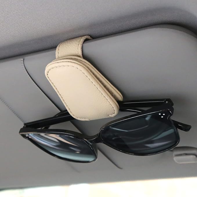 KIWEN Sunglasses Holders for Car Visor, Magnetic Leather Glasses Eyeglass Clip for Car, Ticket Card Clip Sunglasses Mount, Car Visor Accessories Gadgets (1, Beige) by KIWENDirect