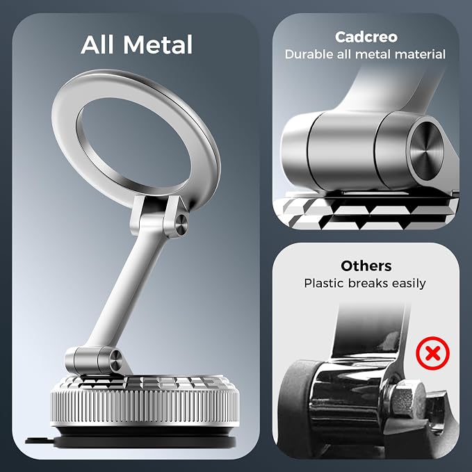 Metal Magnetic Car Phone Holder for Magsafe Phone, Silver | 360° Adjustable Car Phone Mount, Suction Cup Phone Holders for Your Car for iPhone 17-12 Pro Max Air Plus & Android - Image 3