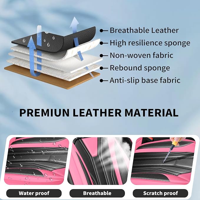 Fit Rogue Car Seat Covers Compatible with Nissan Rogue 2014-2026 - Premium Leather Waterproof Breathable，All-Weather Seat Cushion Protecto & Airbag Compatible （2 Front Seat, Pink & Black - Image 6