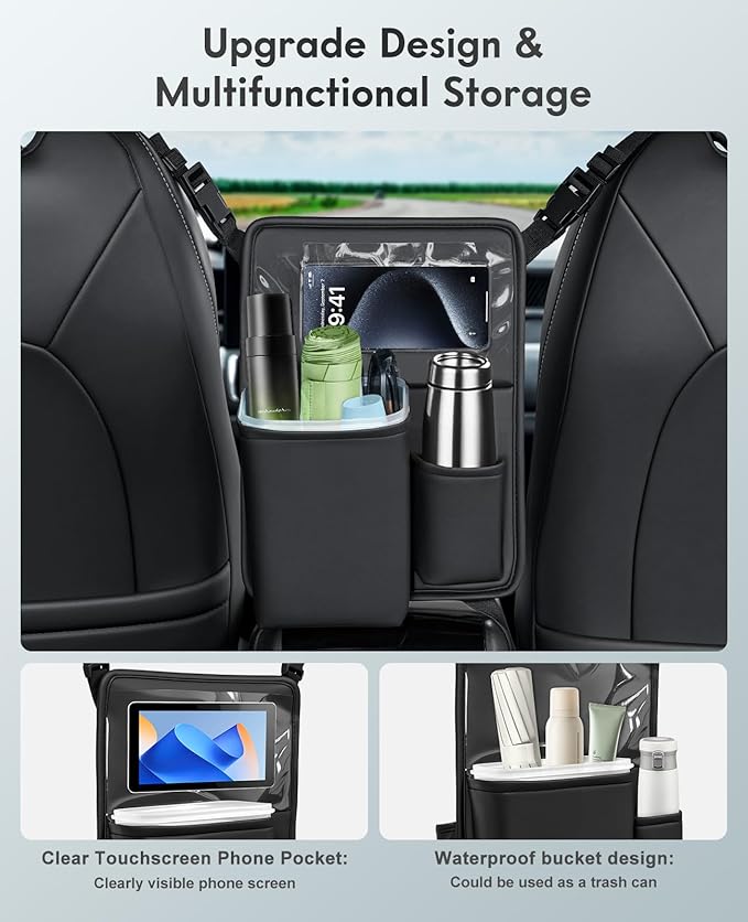 FLORICH Car Organizer Storage Between Seats, Premium Leather Car Mesh Organizer with Waterproof Cup Holder, Car Hanging Storage Bag Pocket Between Seats - Image 4
