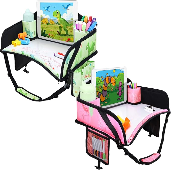 2PCS Kids Travel Tray, Car Seat Tray for kids Travel, Toddler Road Trip Essentials With Drawing Kit, Toddler Lap Desk Organizer for Car, Carseat Table for Airplane by WENRENER