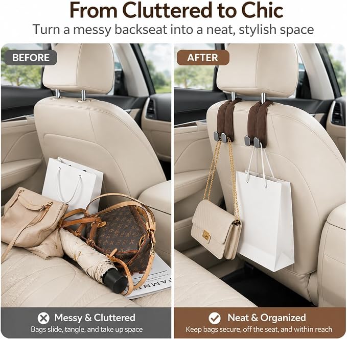 WideFit Car Headrest Hooks, 2 Pack for Wide-Strap Bags, Brown | 0.98 in opening fits thick purse straps. Premium leather and dual metal hooks hold up to 40 lb and rotate 360°. - Image 6