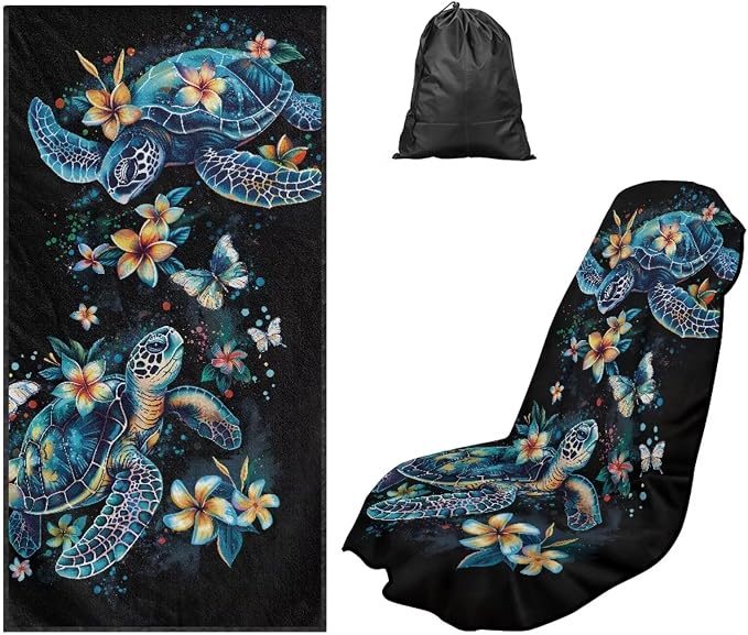 Boho Sea Turtle Car Seat Towel with Storage Bag Sweat Auto Seat Towel Cover Sea Turtle Flower Car Interior Accessories for Women Universal Non Slip Waterproof Protector for Beach Yoga Towels by YMPUDXFI