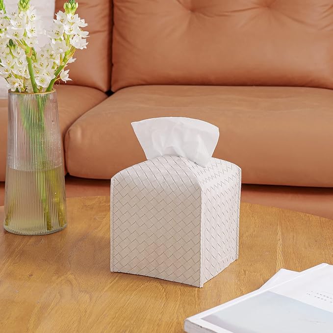 Tissue Box Cover Square Leather Facial Paper Holder, White | PU Leather, Easy to Fill, Easy Clean, Decorative Tissue Box Holder for Office, Bathroom, Kitchen, Living room, Guest room - Image 2