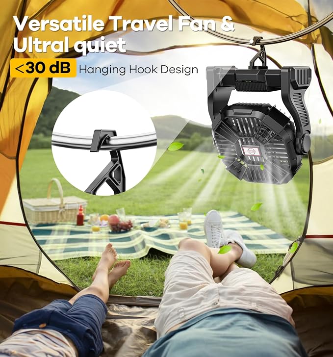 DOWILLDO 30000mAh Portable Battery Powered Camping Fan - with LED Light, Quiet Battery Operated, Camping Gear for Travel, Tent, Beach, Car or Hurricane Power Outages, Black - Image 6