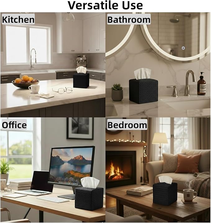 Tissue Box Cover 2-Pack, Square Tissue Holder with Bottom Belt, Modern Tissue Case Facial Paper Organizer Dispenser for Bathroom, Office, Home, Table, Car, Woven Pattern Black - Image 5