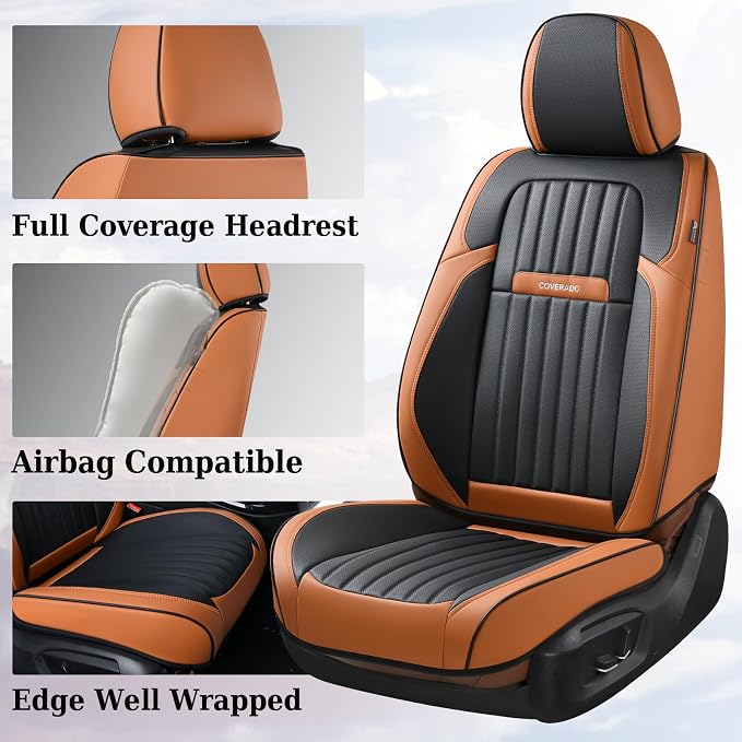 Coverado Car Seat Covers Full Set, Nappa Leather Seat Covers for Cars, Car Seat Protector Car Seat Cushion, Front and Back Seat Protectors Cushions Universal Fit for Most Cars Vehicles(Brown&Black) - Image 4