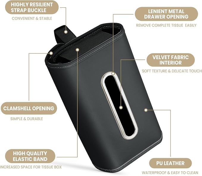WHHMK Large Car Tissue Holder, Refill Easily Clamshell Opening, Black 1PC | Tissue Box Cover Keep Car Tidy, Premium PU Leather Backseat Napkin Rectangle Organizer in Auto, Fits 100-150 Count Tissues - Image 4