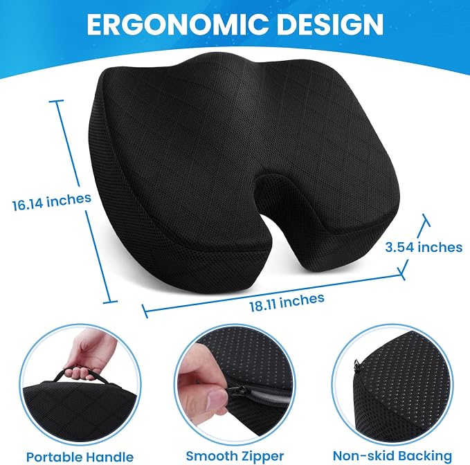 Seat Cushion, Office Chair Cushions, Car Seat Cushion, Non-Slip Sciatica & Back Coccyx Tailbone Pain Relief Chair Pad for Computer Desk, Wheelchair, Driving (Black, X-Large) | for Car Seat, Airplane, Desk Chair - Sciatica & Hip & Coccyx Pain Relief Cus... - Image 2