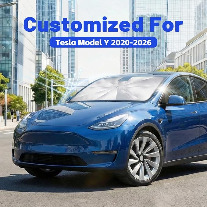 Car Windshield Sun Shade Umbrella for Tesla Model Y 2020-2026, 1:1 Fit | [Reflective Coated Fabric] Car Shades Sun Visor Keep Car Cool and Protects Interior, Sunshade Umbrella for Front Window - Image 2