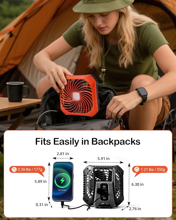 Odoland Portable Camping Fan with LED Lantern, 40H Rechargeable Battery Fan | Quiet Tent Fan with Hanging Hook for RV Car Beach Outdoor Hurricane Emergency Outages, 4-Speed Wind & 3-Color Light - Image 4