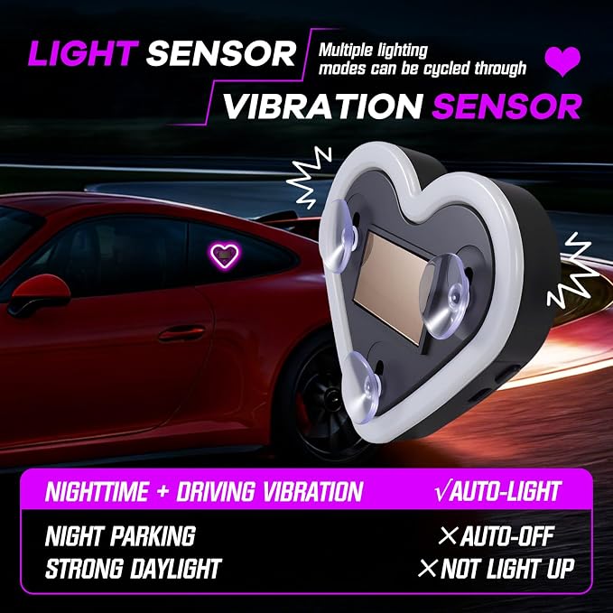 Car Window Wireless LED Ambient Light Solar Powered Love Heart Shaped Neon Lamp for Night Driving Interior Decor Accessories Romantic Gift for Women Girl Couples-Pink - Image 4