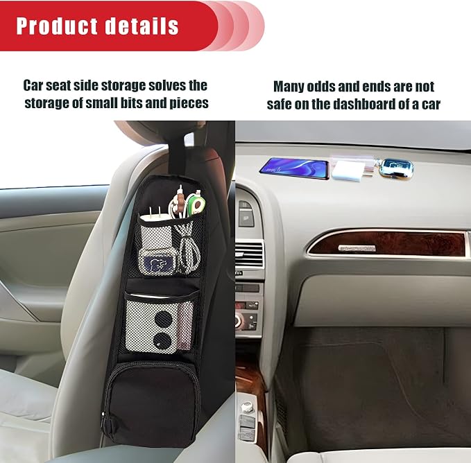 QUICTO 2PCS Car Seat Storage Hanging Bag, Multi-Pocket Seat Side Organizer, Multifunctional Mesh Net Pocket, Can Hold Mobile Phone, Wallet, Glasses, Suitable for Cars, SUVs, Trucks - Image 4