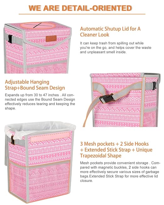 Pritent Car Trash Can with Lid Leakproof Car Garbage Bag Vehicle Trash Bin | Hanging Automotive Garbage Can,Multipurpose Car Accessories for Women Men Interior Car Storage Organizer(2.8 Gal,Pink Print) - Image 4