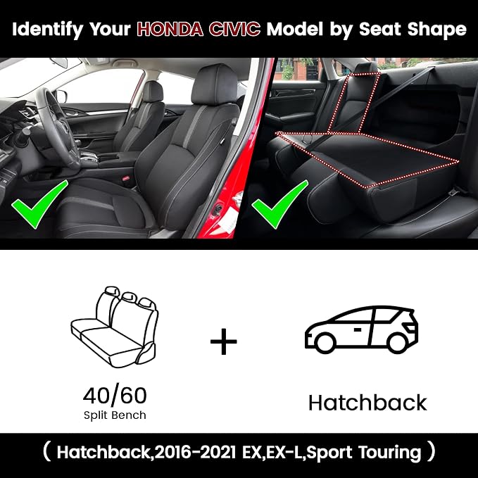 HKZ Custom Fit Civic Seat Covers for Honda Civic 2016 2017 2018 2019 2020 2021 Hatchback EX,Sport Touring,EX-L - 5-Seats Leather Full Set,Black - Image 2