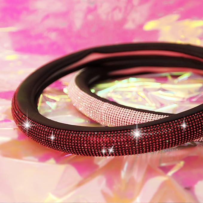 CAR PASS Red Diamond Black Leather Steering Wheel Cover, with Bling Crystal Rhinestones Universal Fit 14" 1/2-15" Crystal Glitter for Women Sparkle Girl Fit Suvs,Vans,Sedans,Cars,Trucks, Red Diamond - Image 8