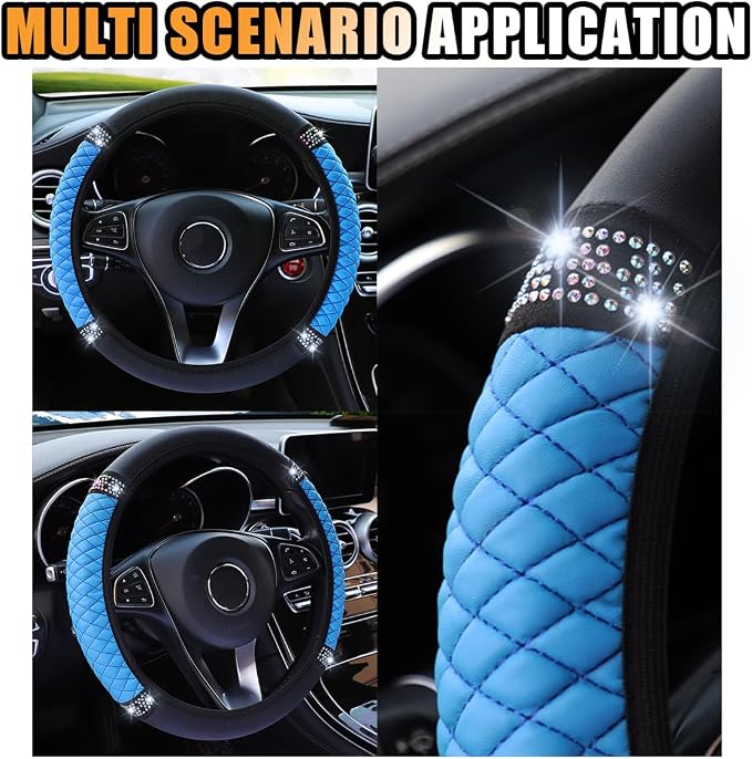 JOYCOURT 15 Inch Bling Soft Leather Car Steering Wheel Cover, Blue | Colorful Rhinestones Design, Auto Elastic Protector for Women Girls, Crystal Diamond Car Accessories for Most Cars, SUVs - Image 6