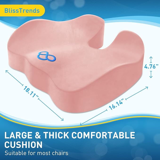 BlissTrends Memory Foam Seat Cushion for Office Chair & Car Seat, Pink | Ergonomic Tailbone & Sciatica Support with Removable Velvet Cover for Pressure Relief and Long Sitting Comfort, 3.3" Thick - Image 3